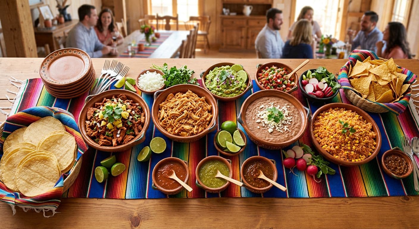 Mesa de catering con tacos, guacamole, pico de gallo y salsas